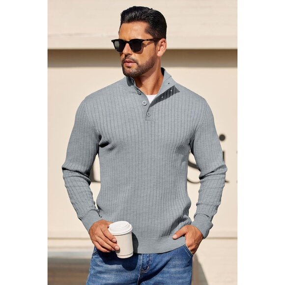 Men's Quarter Button Sweater Long Sleeve Stand Collar Sweater Knitted Light Grey - Picture 4 of 5